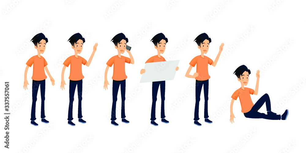 Obraz premium Set of a guy in casual clothes in different poses. A character for your project. Vector illustration in a flat style