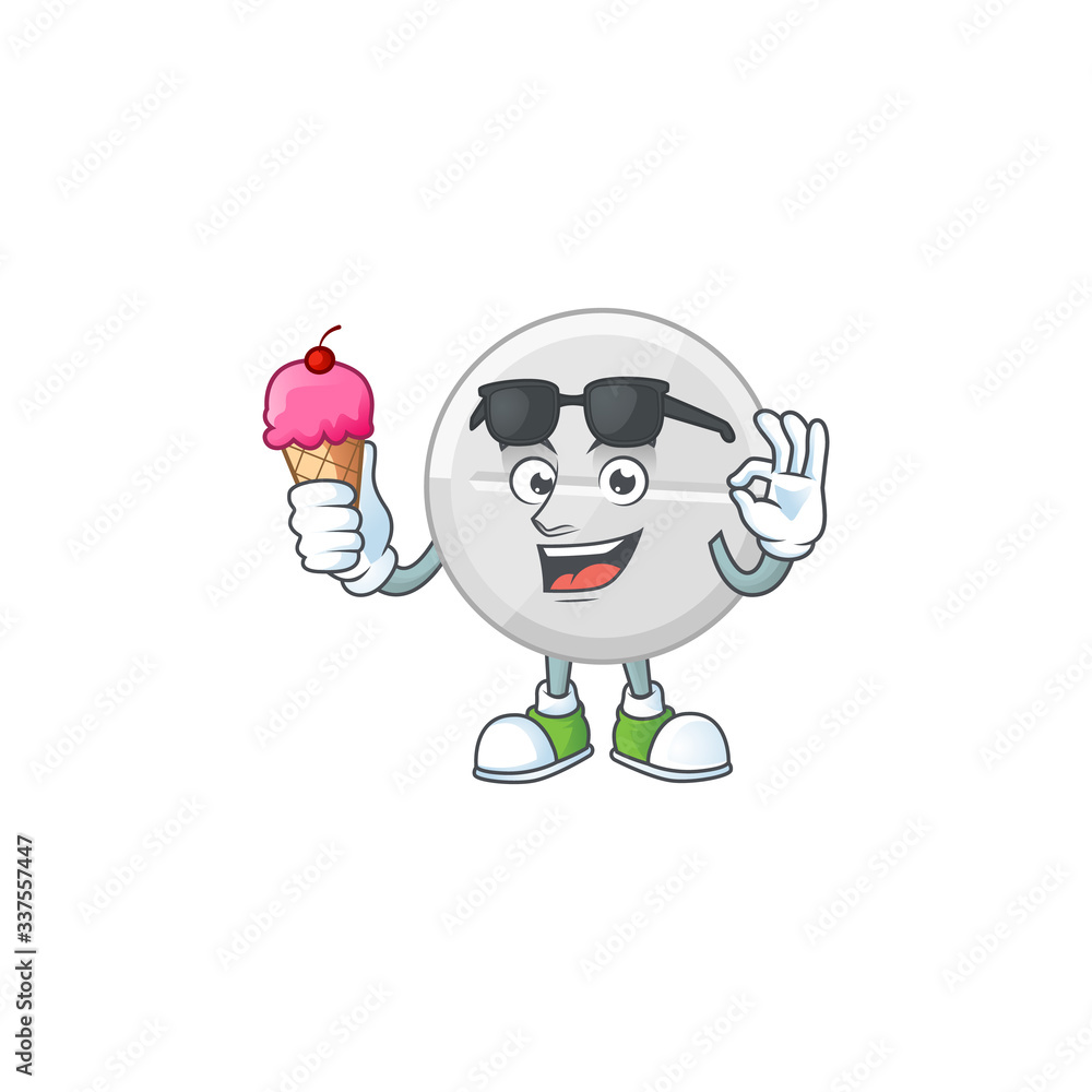 Cute white pills cartoon character enjoying an ice cream