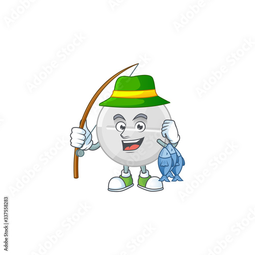 A Picture of white pills fisher mascot design catch a fish