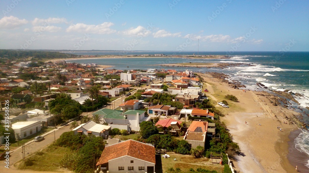Aerial view of the beach, coast and city of La Paloma, Rocha-  Uruguay