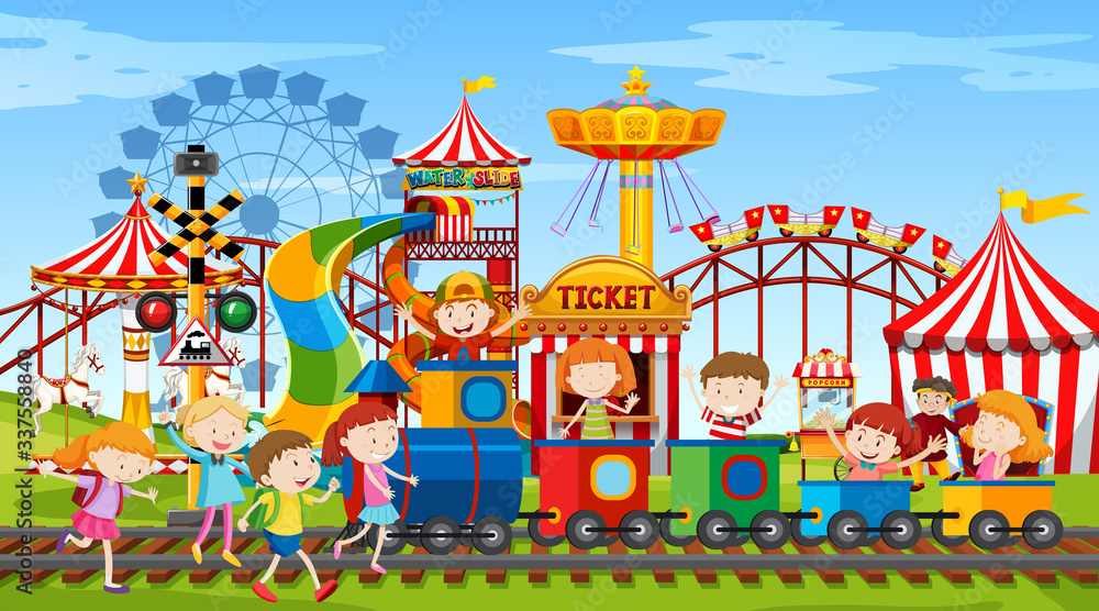 Themepark scene with many rides and happy children
