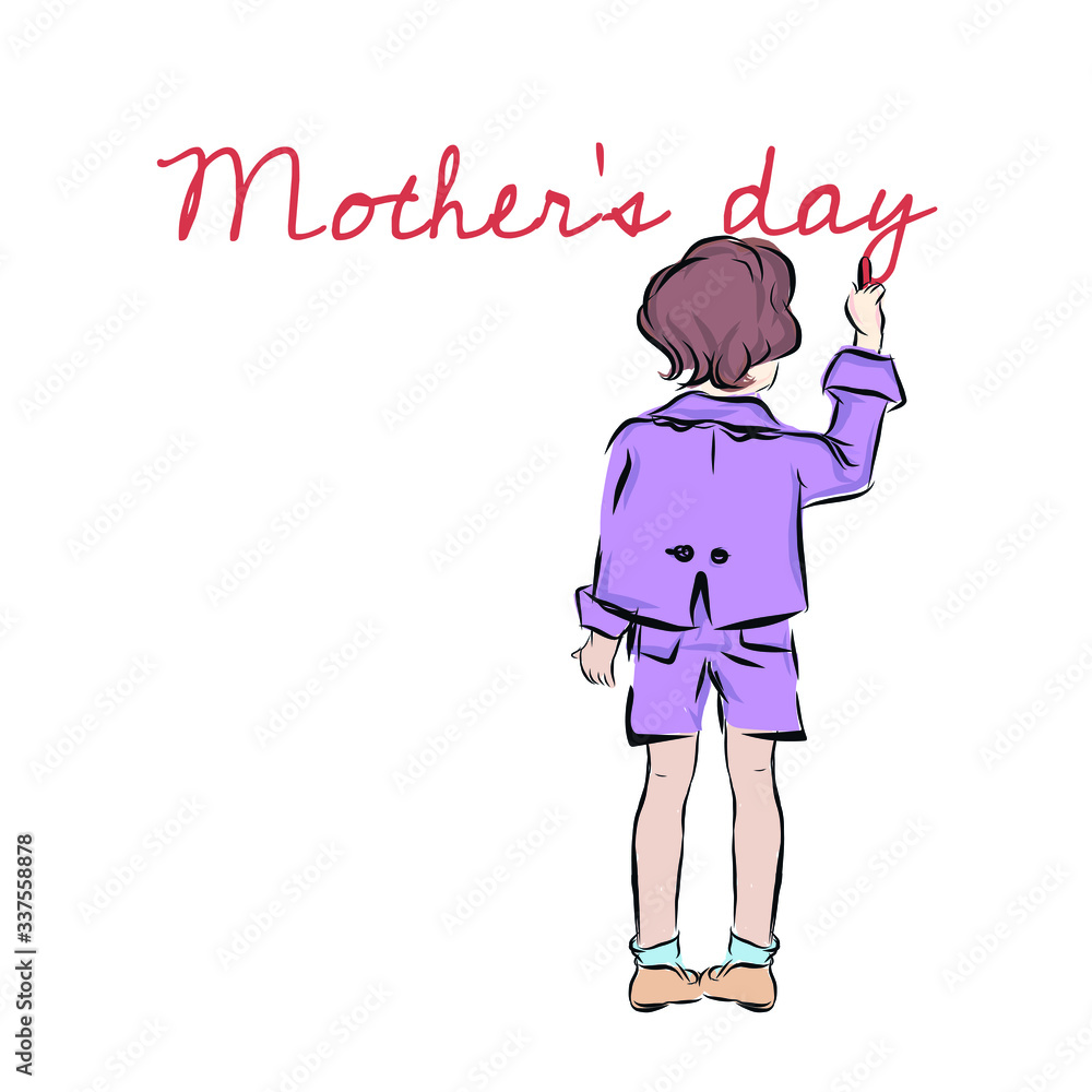 Boy writes on the wall congratulation on mother's day. Young artist. Children's pranks. Hand drawn clip art with child. Boy writes on the wall congratulation on mother's day. Young artist. Children's pranks. Hand drawn clip art with child.