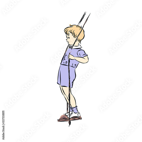 Little blonde boy swinging on swing in  lilac suit. Children's games in the fresh air. 