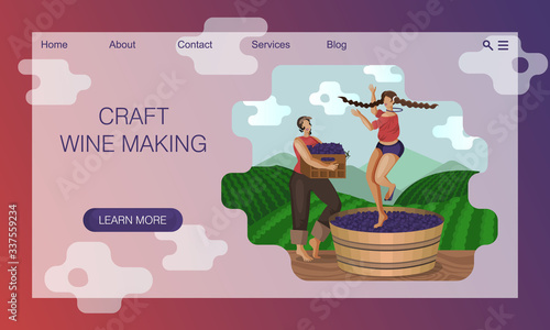 Beautiful women are crushing grapes with feet while dancing in wooden vat. Vector website landing page design template