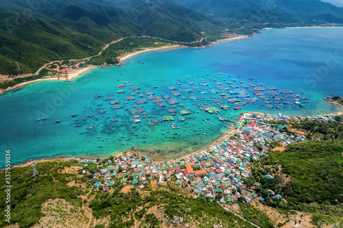 Aerial view of Binh Hung island and road from Cam Ranh to Phan Rang, Ninh Thuan, Vietnam