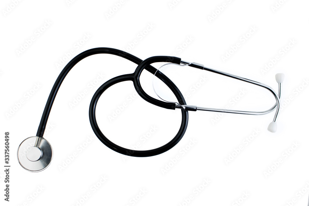 A stethoscope is isolated on a white background backdrop. The concept of medical equipment, cardiology, lung diagnosis, coronavirus, diagnosis of pneumonia. Copy space A stethoscope is isolated on a white background backdrop. The concept of medical equipment, cardiology, lung diagnosis, coronavirus, diagnosis of pneumonia. Copy space