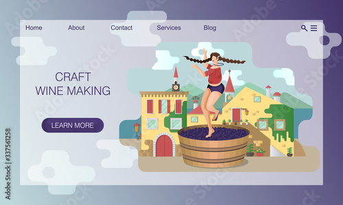 Beautiful young woman is crushing grapes with her feet while dancing in wooden vat on background of Italy village. Vector website landing page design template