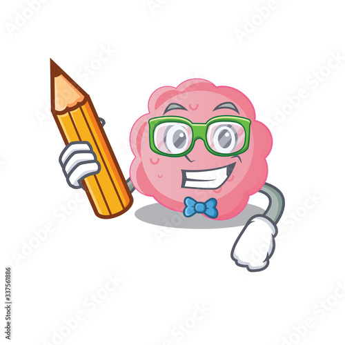 A brainy student anaplasma phagocytophilum cartoon character with pencil and glasses