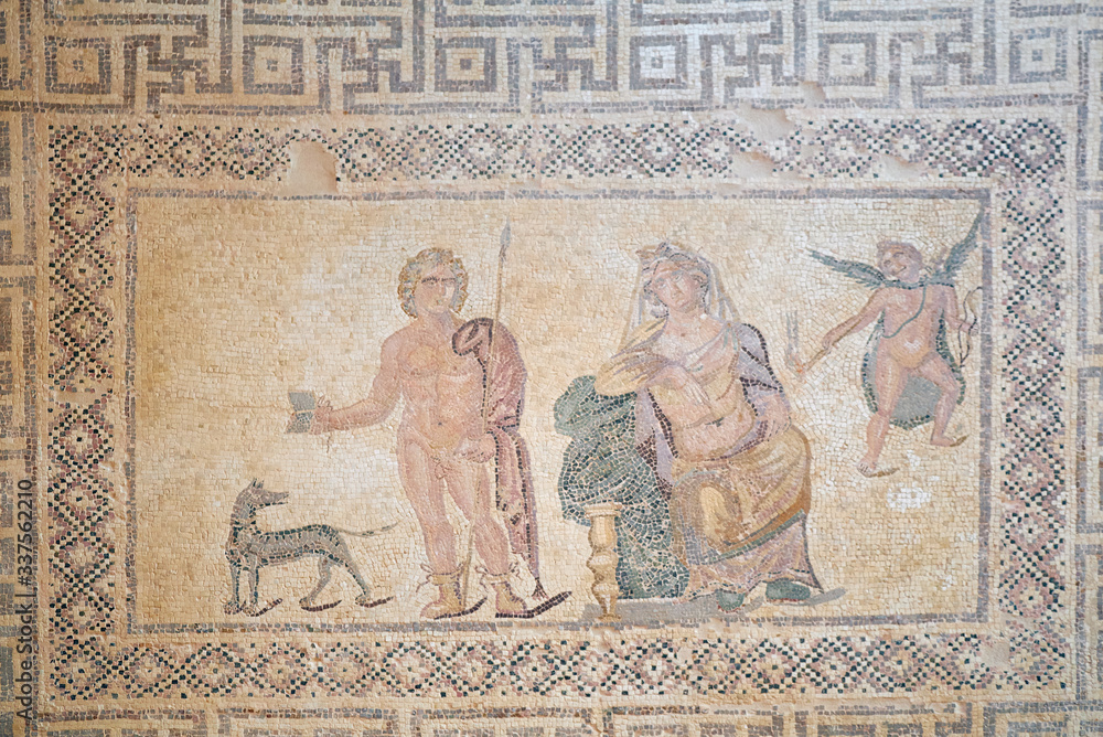 Phaedra and Hippolytos mosaic floor in the villa of Dionysos. Paphos Archaeological Park. Cyprus