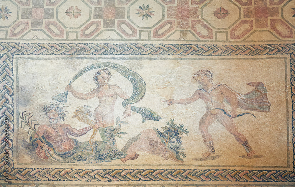 Apollo and Daphne mosaic floor in the villa of Dionysos. Paphos Archaeological Park. Cyprus