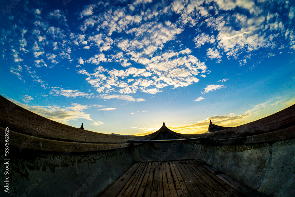 Traditional Boat and location fisherman on the beach at sunrise time, Hon Thien village, Phan Rang, Vietnam