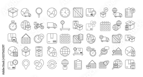set of icons freight delivery logistics , line style icon