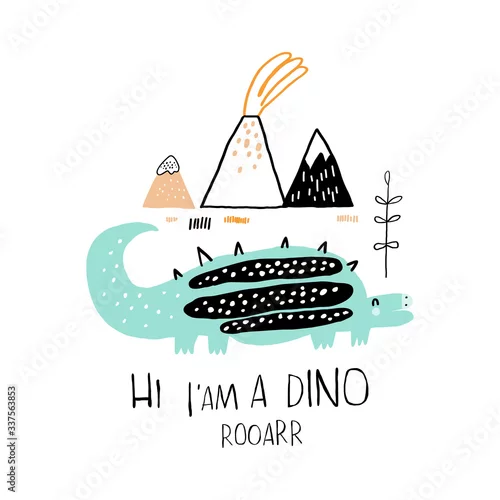 Obraz dinozaur na tle gór. Ilustracja małego dinozaura.