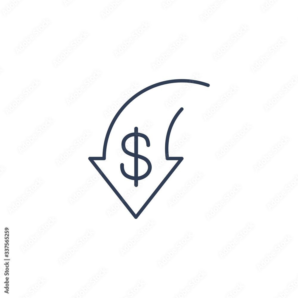 Arrow to down, reduce. Costs, income.Vector linear icon isolated on white background. Arrow to down, reduce. Costs, income.Vector linear icon isolated on white background.