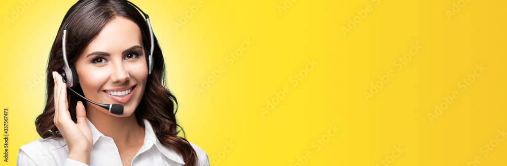 Call Center Service. Beautiful customer support or sales female agent. Caller or receptionist phone operator. Copy space. Helping, answering, consulting. Over orange yellow color background. Call Center Service. Beautiful customer support or sales female agent. Caller or receptionist phone operator. Copy space. Helping, answering, consulting. Over orange yellow color background.