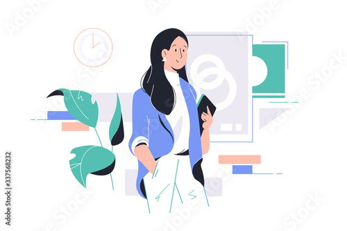 Young happy attractive businesswoman holding tablet at work in office.