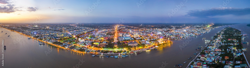 Panorama, aerial view of My Tho city center and tourist pier in My Tho city, Vietnam. Mekong Delta. Near Ben Tre