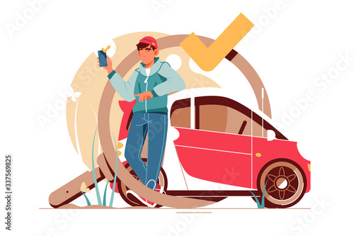 Young handsome man using smartphone for car searching and sale.