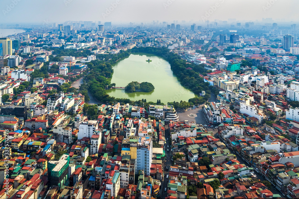 Aerial view of Hoan Kiem lake and center Ha Noi city, Vietnam.