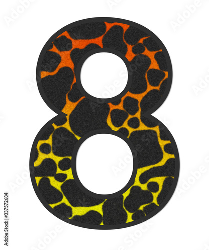 3D Snake Orange-Yellow print Number 8, animal skin fur creative decorative clothes, Sexy Fabric colorful isolated in white background has clipping path dicut. Design font wildlife or safari concept.