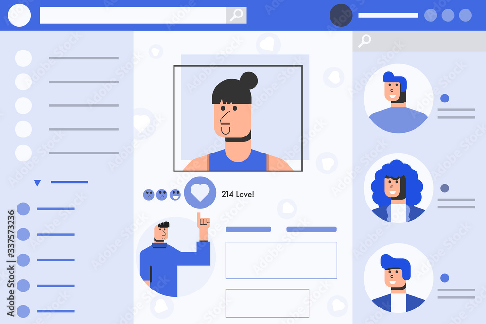 Man give love symbol to picture of girl on social media website. Concept social network vector illustration. Man give love symbol to picture of girl on social media website. Concept social network vector illustration.