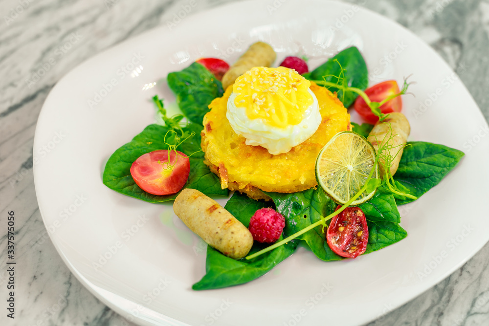 Vegetable pancake with chicken nipples and boiled egg. Breakfast Vegetable pancake with chicken nipples and boiled egg. Breakfast