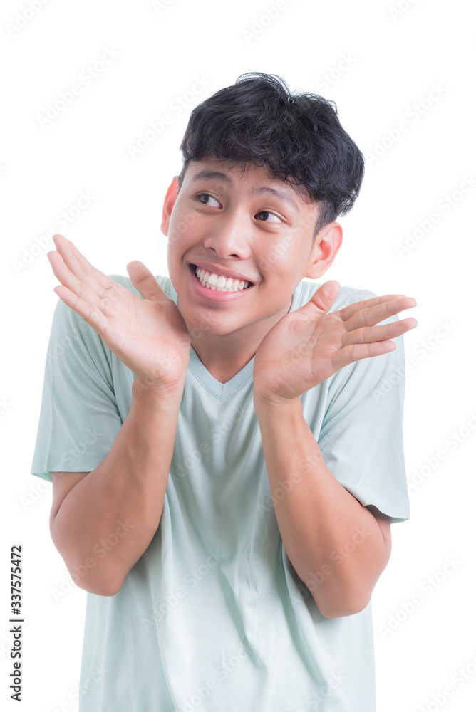 An Asian man wears a light green t-shirt with a funny face. An Asian man wears a light green t-shirt with a funny face.