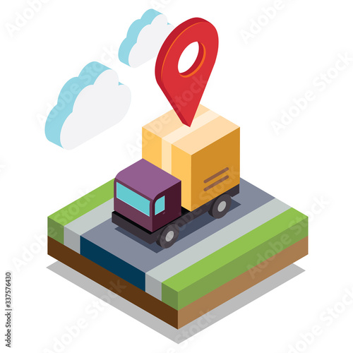 Camión de Reparto Isométrico  con Geolocalización en Formato Vectorial