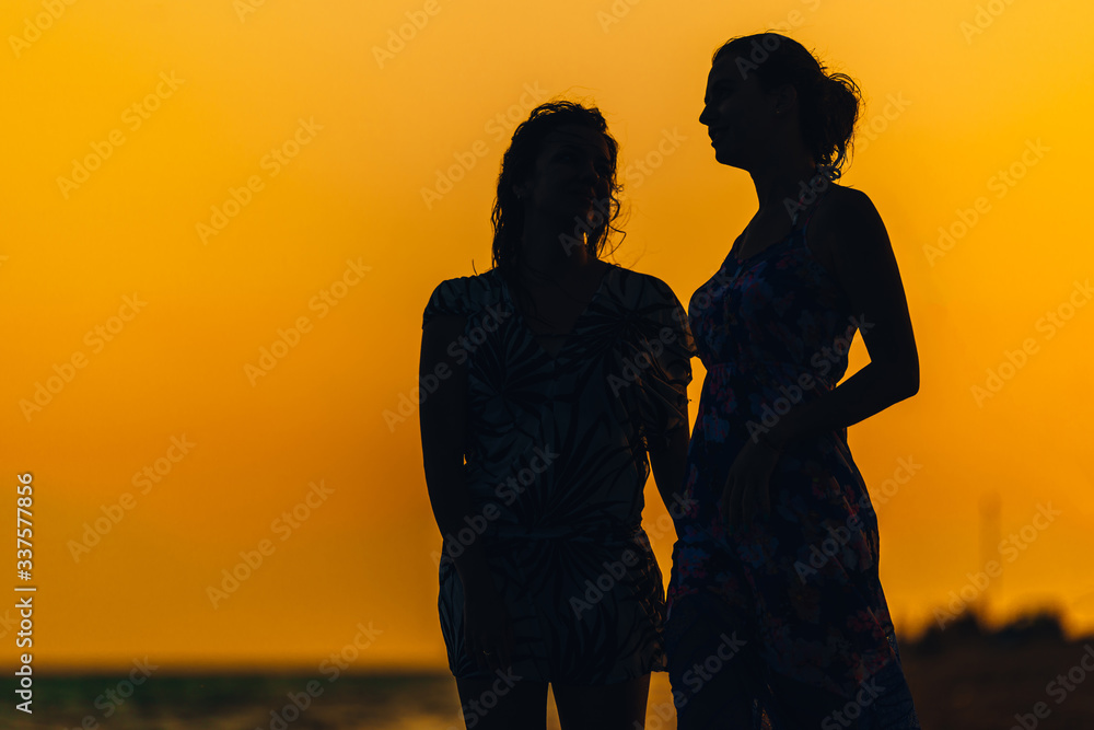 Silhouette of a girls against the sunset by the sea