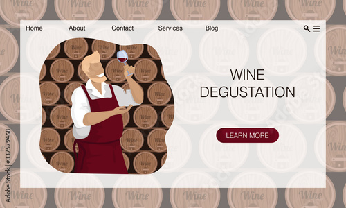 Winemaker is holding glass of  wine and checks in cellar. Sommelier is testing drink.