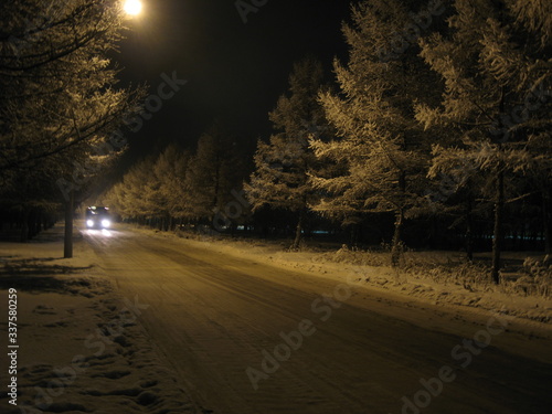 night winter road with bus
