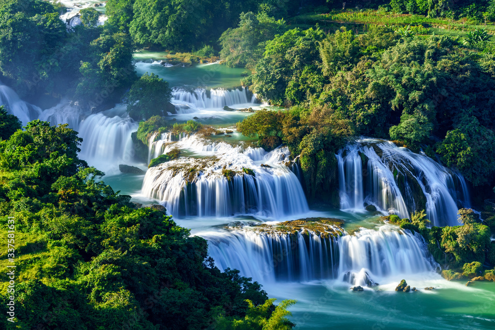 Obraz premium Royalty high quality free stock image aerial view of “ Ban Gioc “ waterfall, Cao Bang, Vietnam. “ Ban Gioc “ waterfall is one of the top 10 waterfalls in the world. Aerial view
