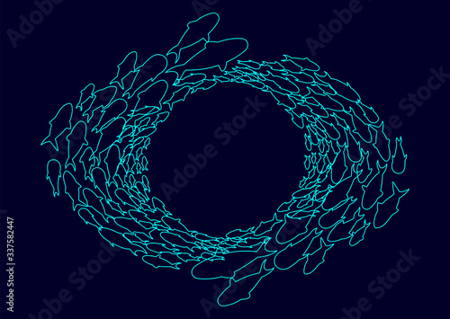 illustration of a linear school of fish forming eyes. modern abstract design
