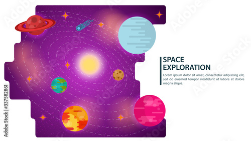 banner space universe with planets in orbit for web and mobile sites design flat vector illustration