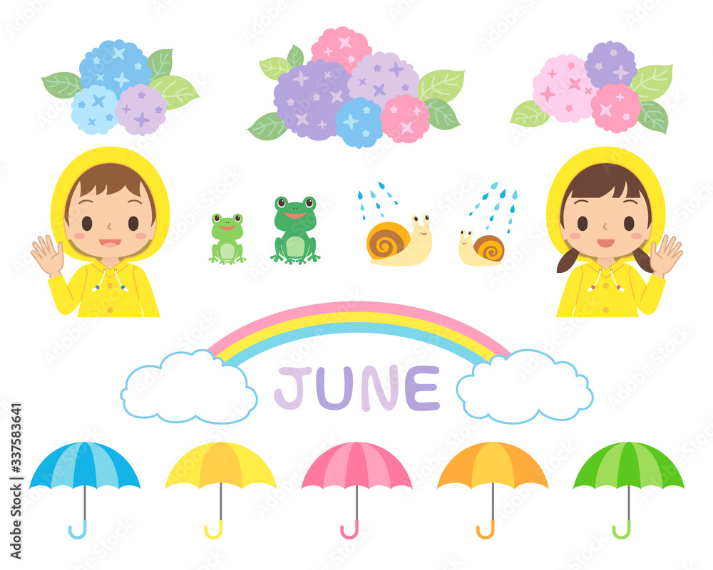素材　6月　梅雨　レインコートを着た子ども　アジサイ　カタツムリ　カエル