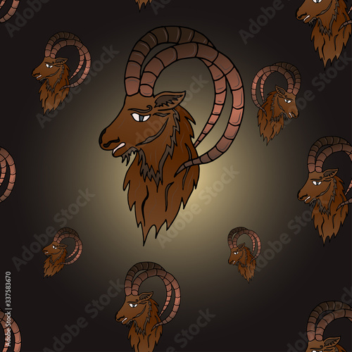 Seamless pattern with the image of the Siberian capricorn on a beautiful background.