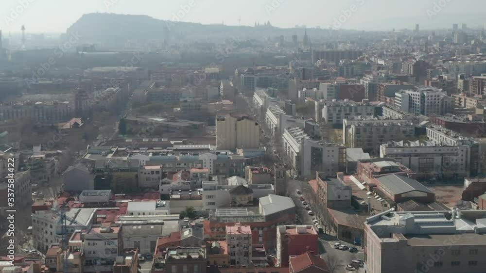 AERIAL: Barcelona Wide Drone of Hazy Cityscape AERIAL: Barcelona Wide Drone of Hazy Cityscape