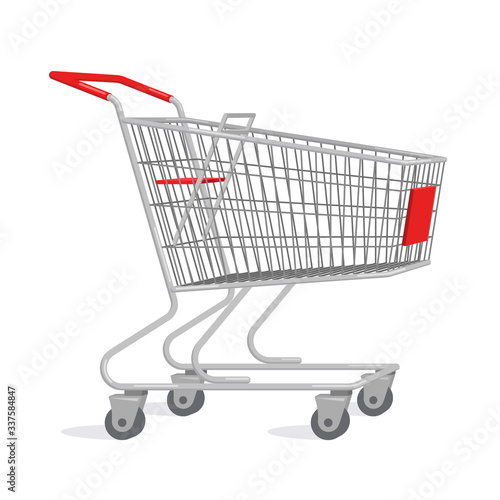 Metal shopping cart with red elements. Isolated vector illustration.