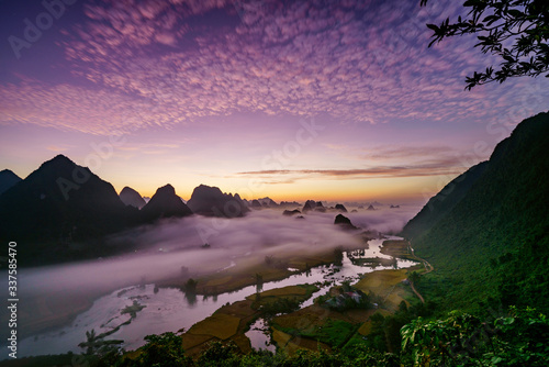 Royalty high quality free stock image of dawn and fog, mountains, river and rice field at Trung Khanh town, Cao Bang province, Vietnam. 