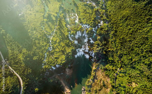 Royalty high quality free stock image aerial view of “ Ban Gioc “ waterfall, Cao Bang, Vietnam. “ Ban Gioc “ waterfall is one of the top 10 waterfalls in the world. Aerial view