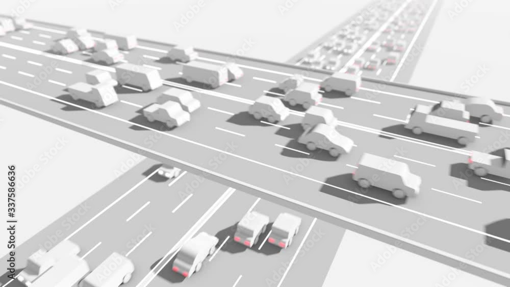 Seamless looping grey 3d animation of a bridge crossing two highways with heavy traffic at daytime