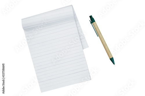 Paper notebook and pen isolated on white background. Pen made form recycle paper. This image stacked with clipping path for advertising ideas concept.