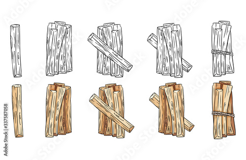Set of wood sticks black and white and colorful bundles. Collection of Palo Santo aroma sticks from Latin America. Vector images isolated on white background