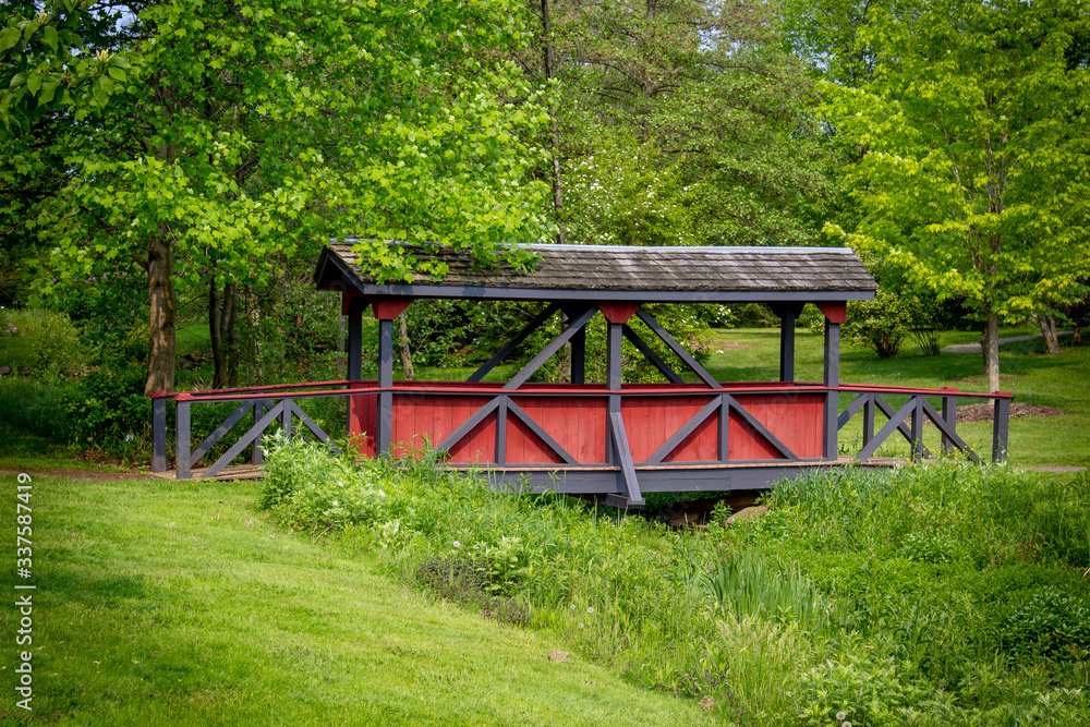 red wooden bridge in the park