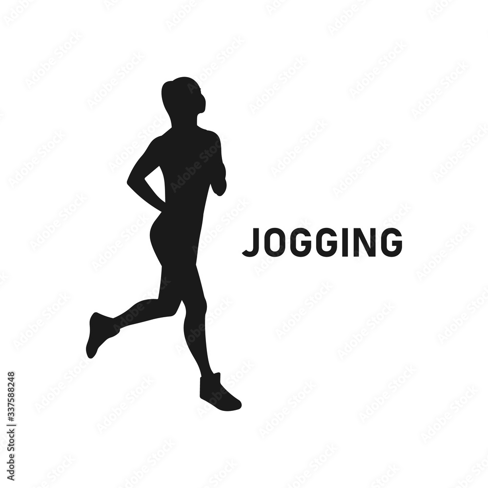 Happy young woman or girl go jogging silhouette. Jog icon. Physical exercise sign or symbol. Endurance training logo. Female workout sportswear - Simple vector black and white illustration.