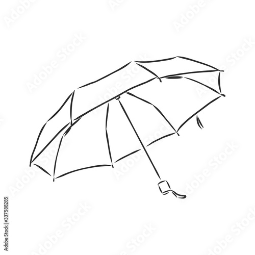 Umbrella coloring, linear drawing, outline, vector sketch, icon, monochrome, contour illustration. Black and white open umbrella