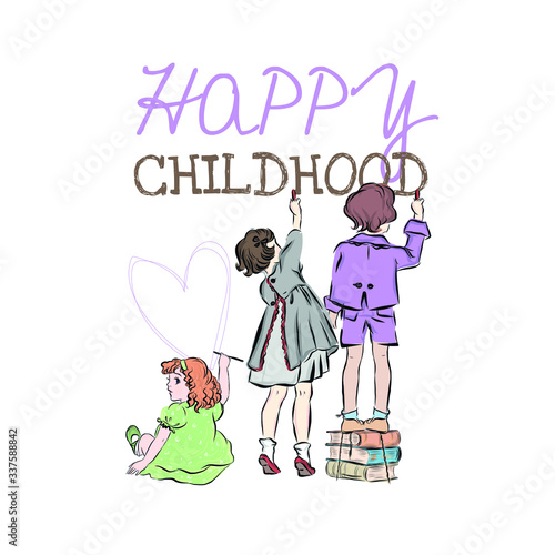 Happy childhood. Children paint on the wall. 