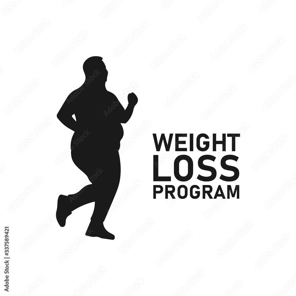 Fat or obese woman or girl jogging silhouette. Weight loss program icon sign or symbol. Cardio workout logo. Obesity concept. Running lady. Female sportswear. Sport motivation - Vector illustration.
