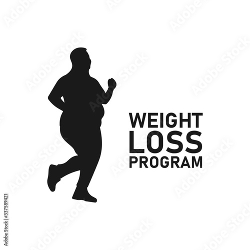 Fat or obese woman or girl jogging silhouette. Weight loss program icon sign or symbol. Cardio workout logo. Obesity concept. Running lady. Female sportswear. Sport motivation - Vector illustration.