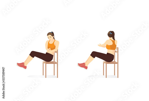 Woman doing Russian twist exercise in 2 step with Chair. Illustration about workout while stay at Home and lockdown.